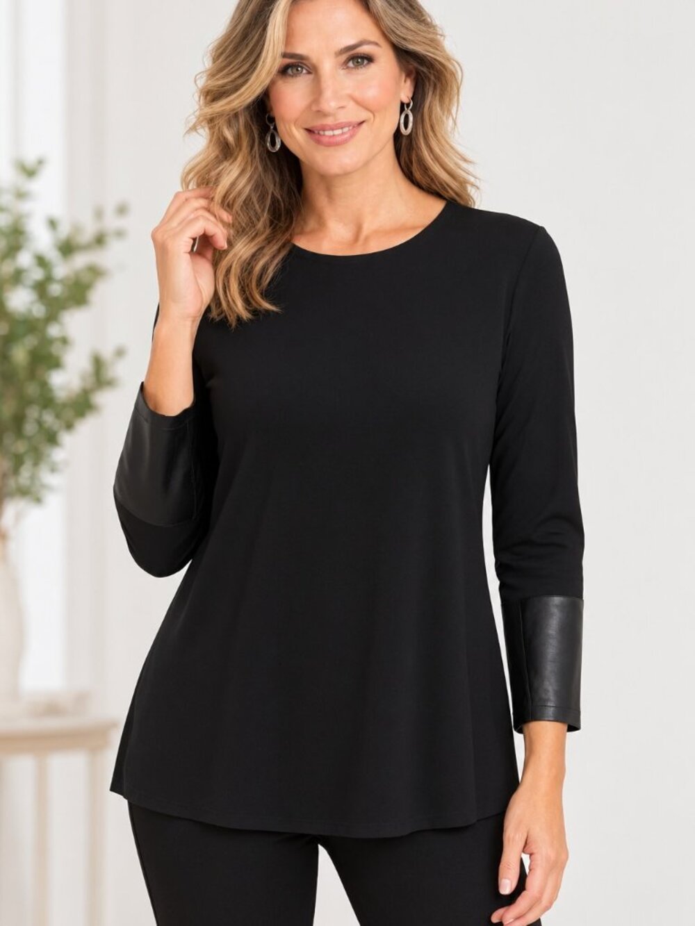 Nygard Black Crisscross Back layered Jersey & Mesh with Faux Leather Cuffs EUC